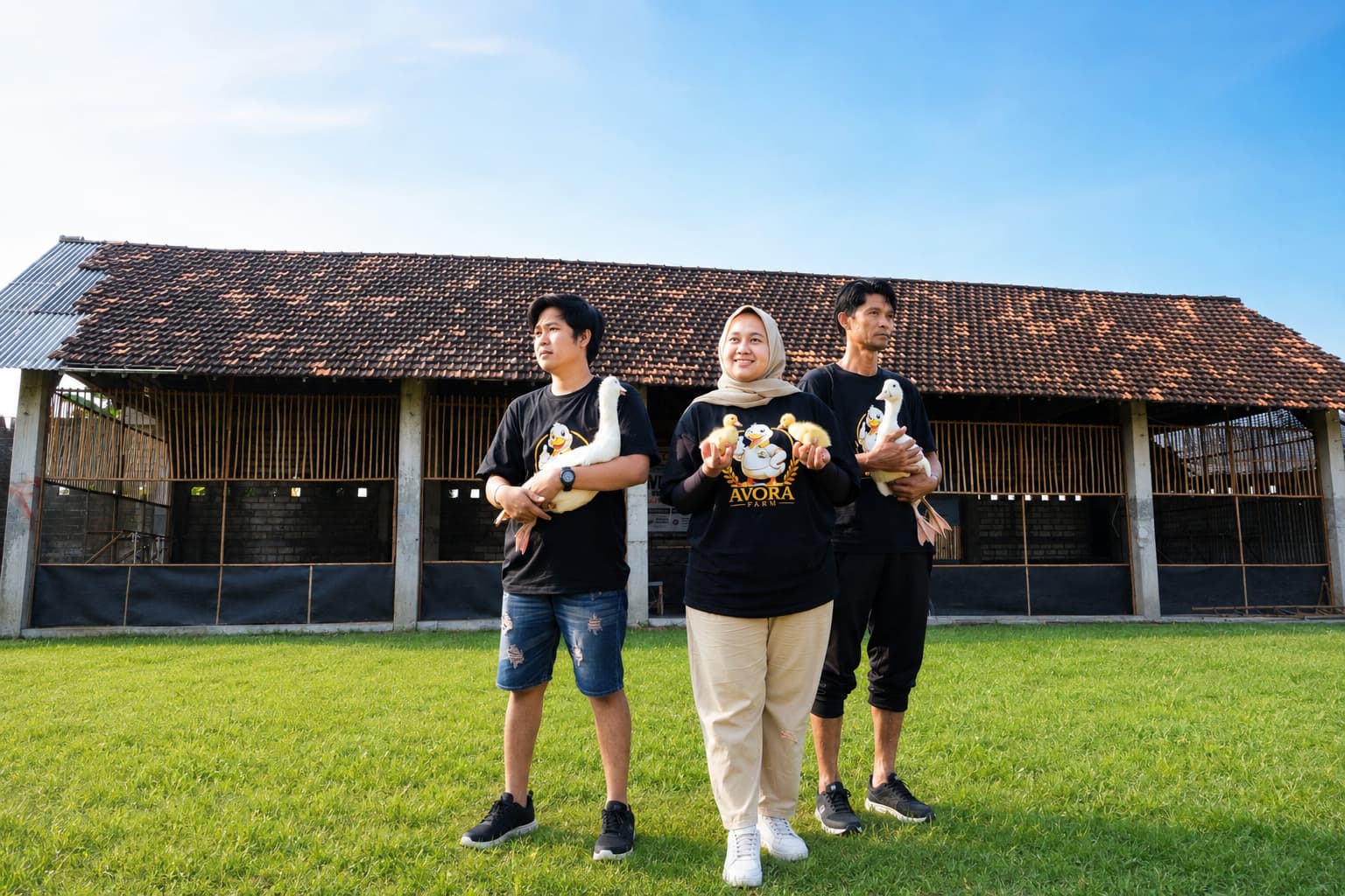 Tim Avora Farm menggendong bebek di depan kandang saat pagi cerah di Tuban