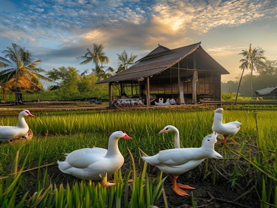 Kandang bebek tradisional Avora Farm di Tuban dengan bebek putih dan sawah hijau saat golden hour