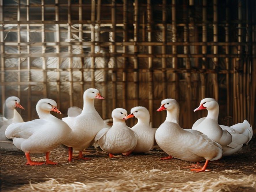Bebek-bebek dewasa Avora Farm siap panen di kandang bambu tradisional