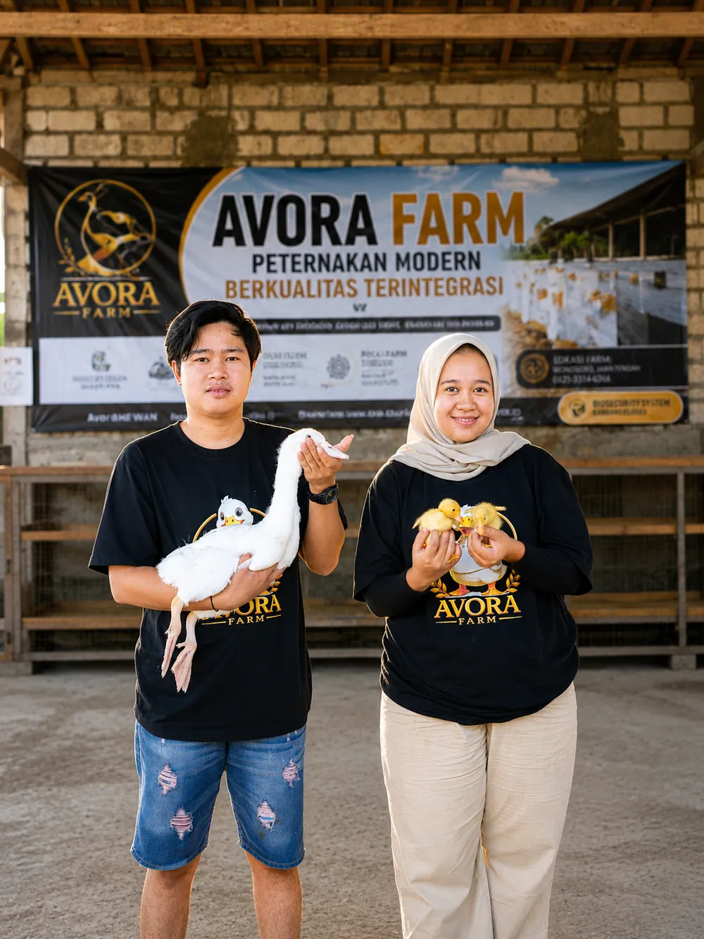 Mitra Avora Farm memegang bebek dewasa dan anak bebek